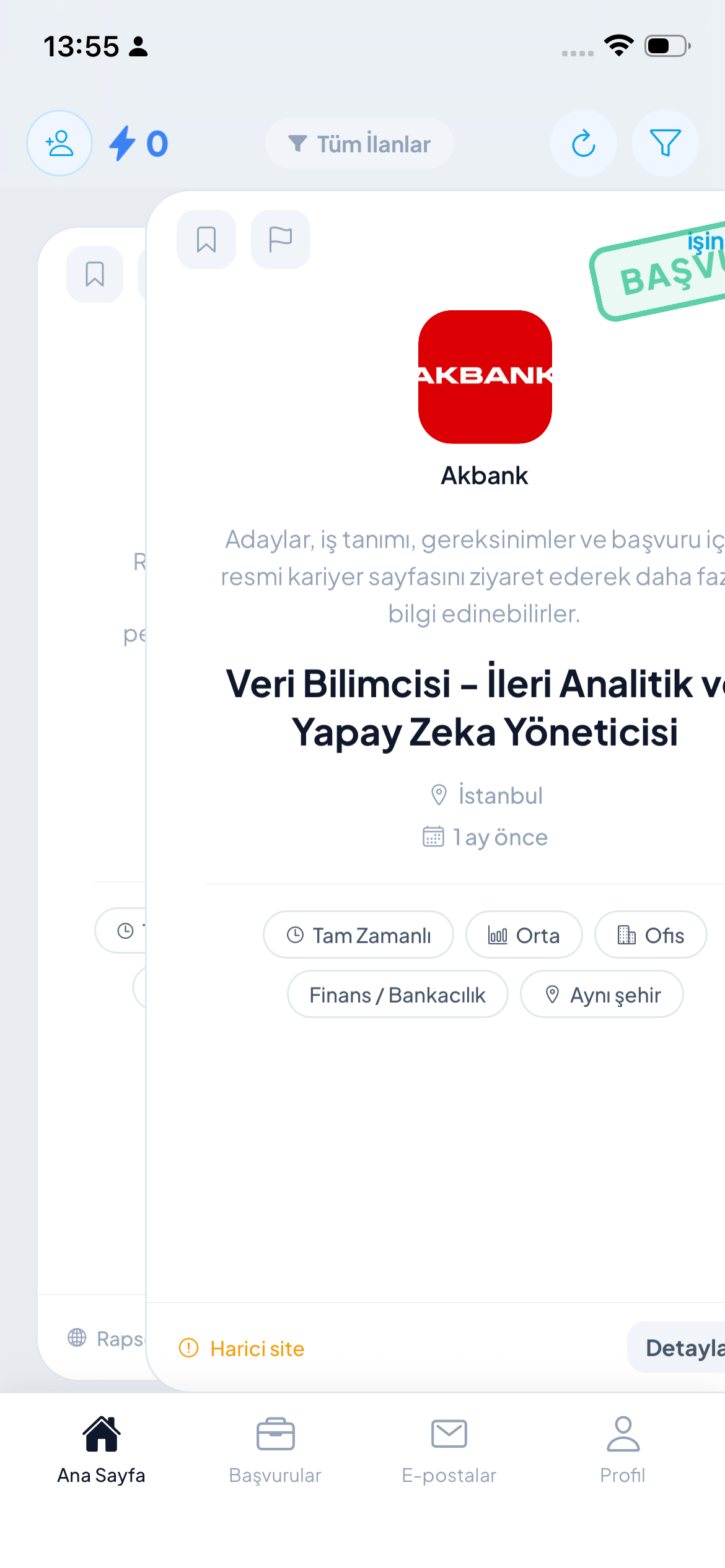 İşinSende Akbank İlan Ekranı
