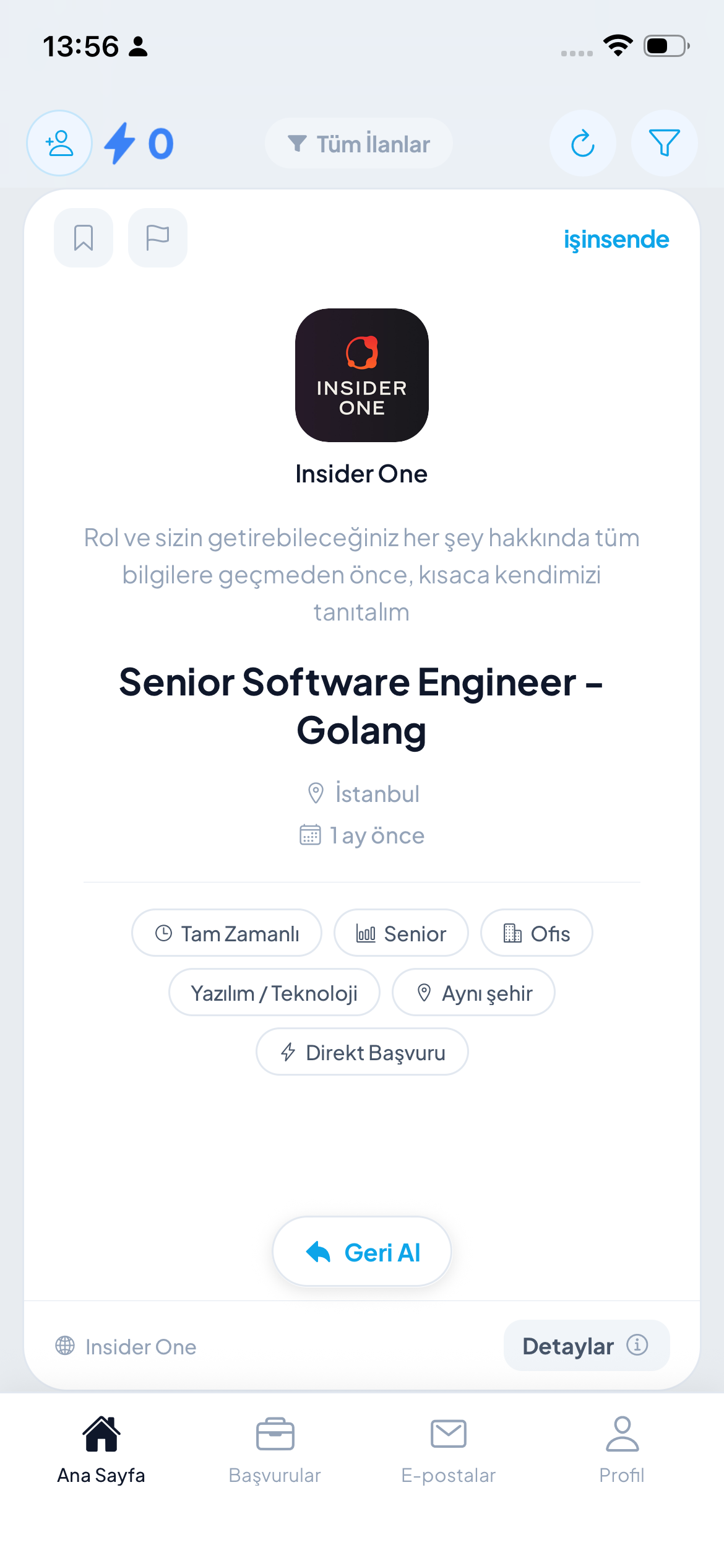 İşinSende Insider One İlan Detay Ekranı